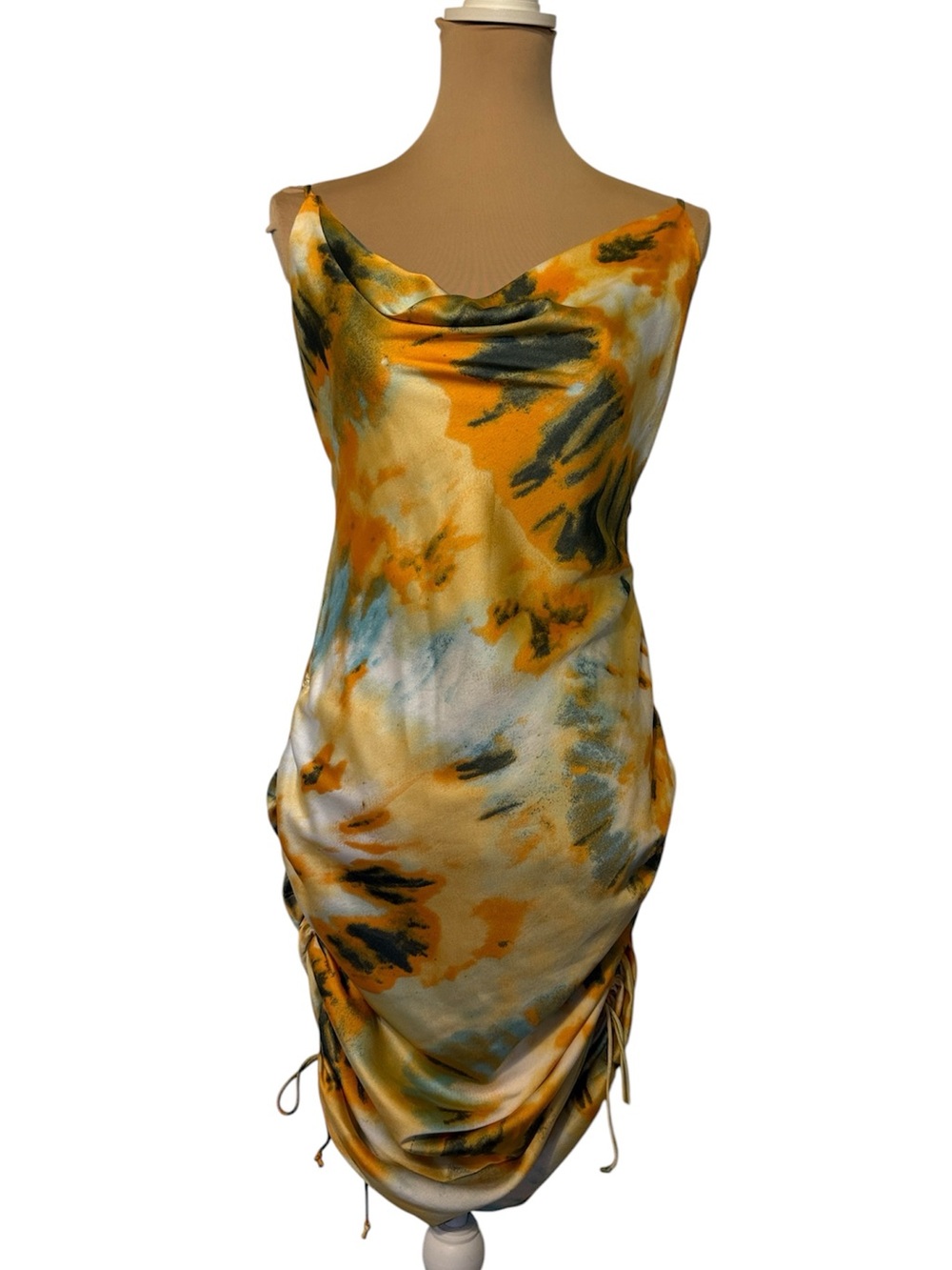 NWT Grey Lab Los Angeles Tie Dye Ruched Dress Draped Cowl Adjustable Straps M